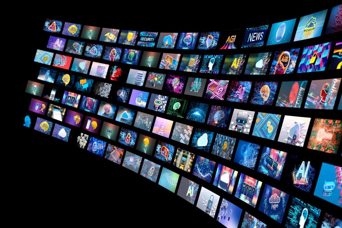 Media concept with TV screens. stock photo