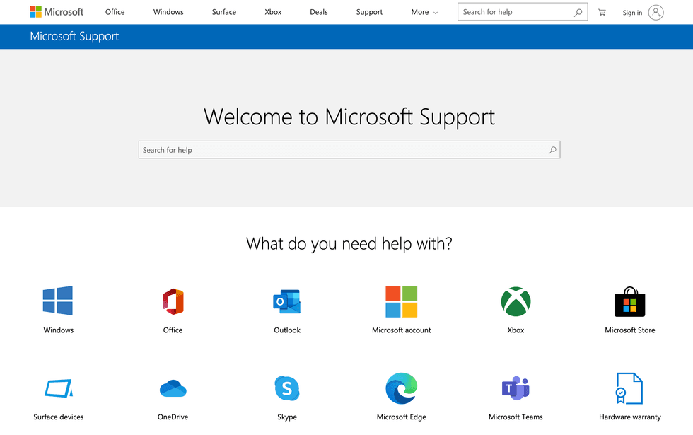 Microsoft Support webpage