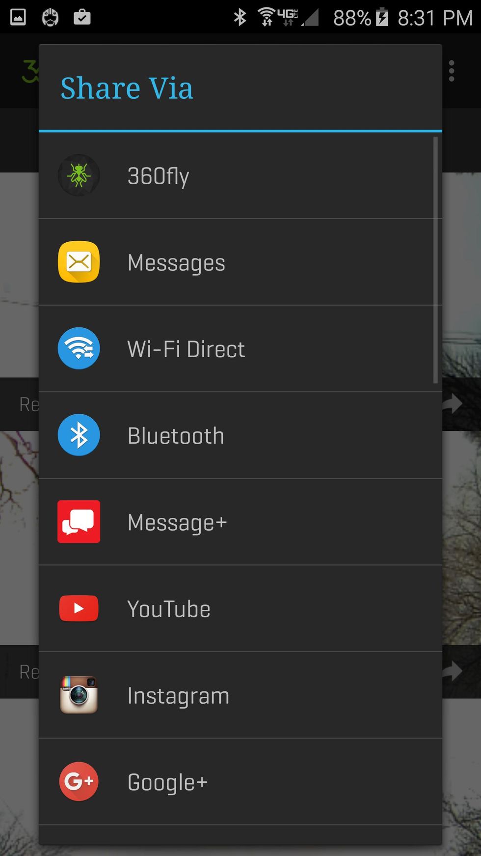 mobile app screen for 360fly camera.