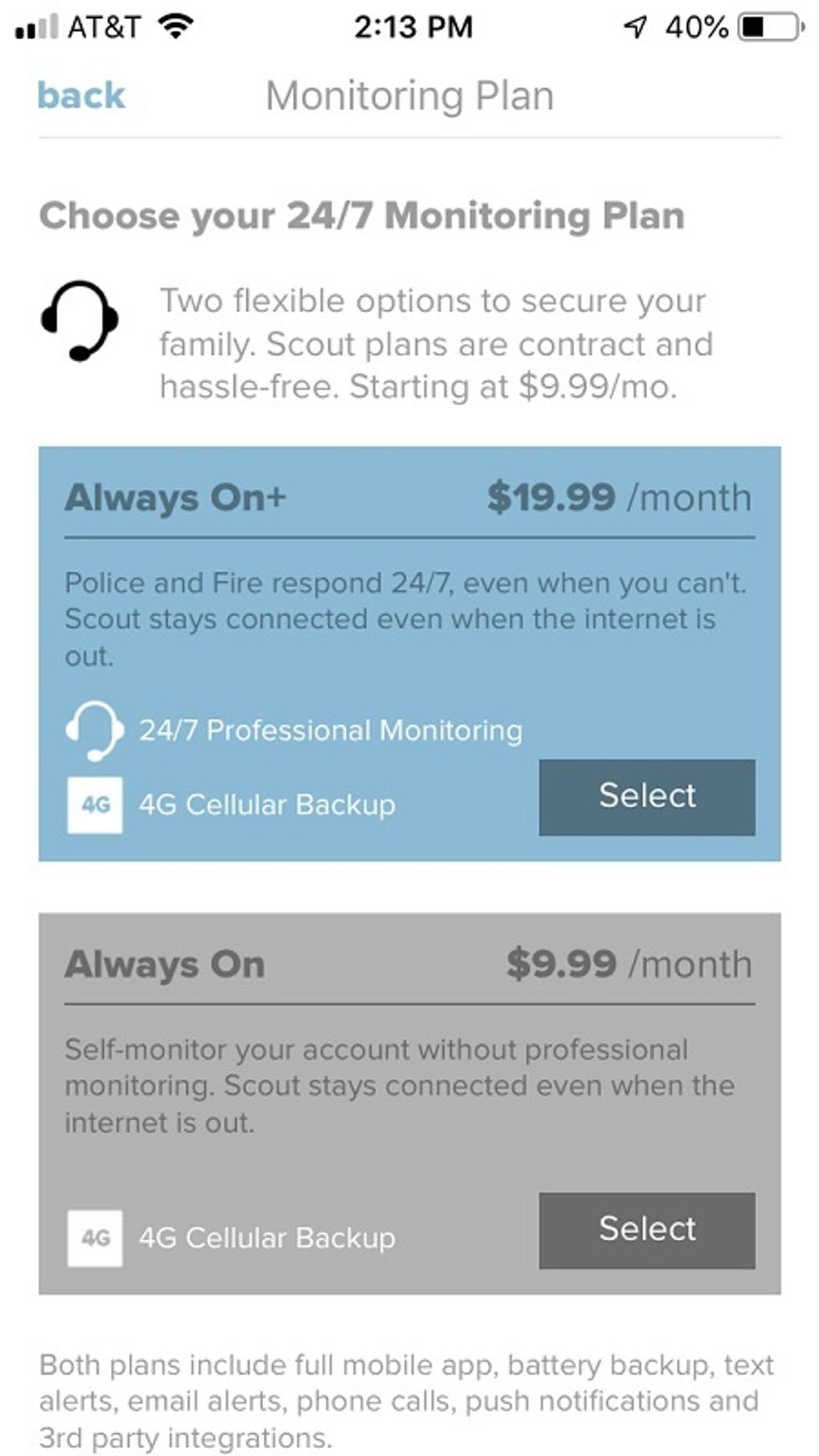 Mobile screen from Scout Alarm app on monitoring plans