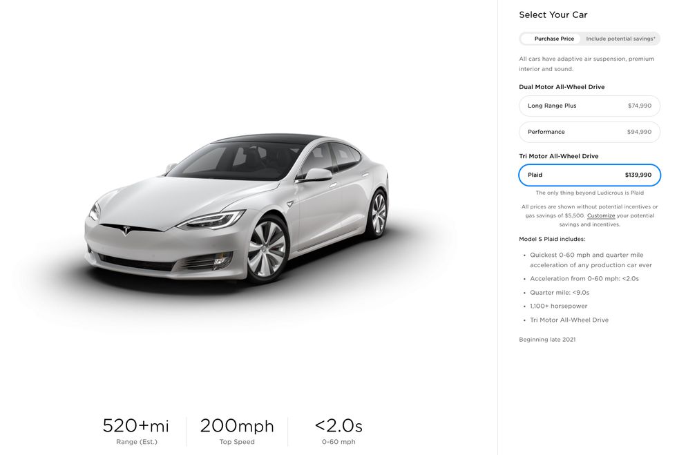 Model S Plaid listed on the Tesla website