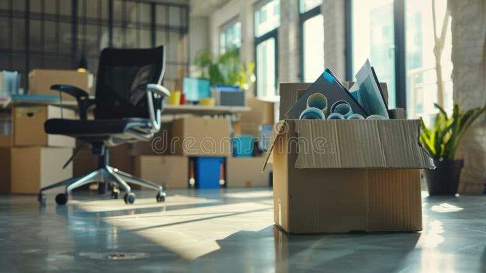 Modern office with moving boxes and furniture during relocation. image. Office relocation stock images, royalty-free photos and pictures