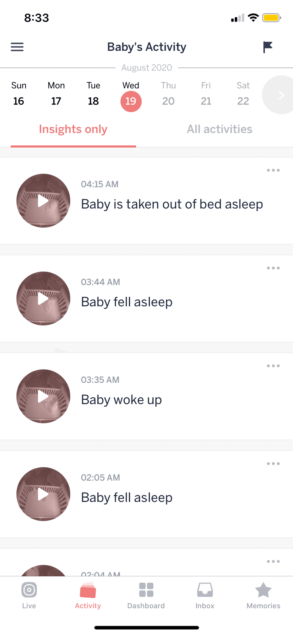 Nanit app showing baby's activity
