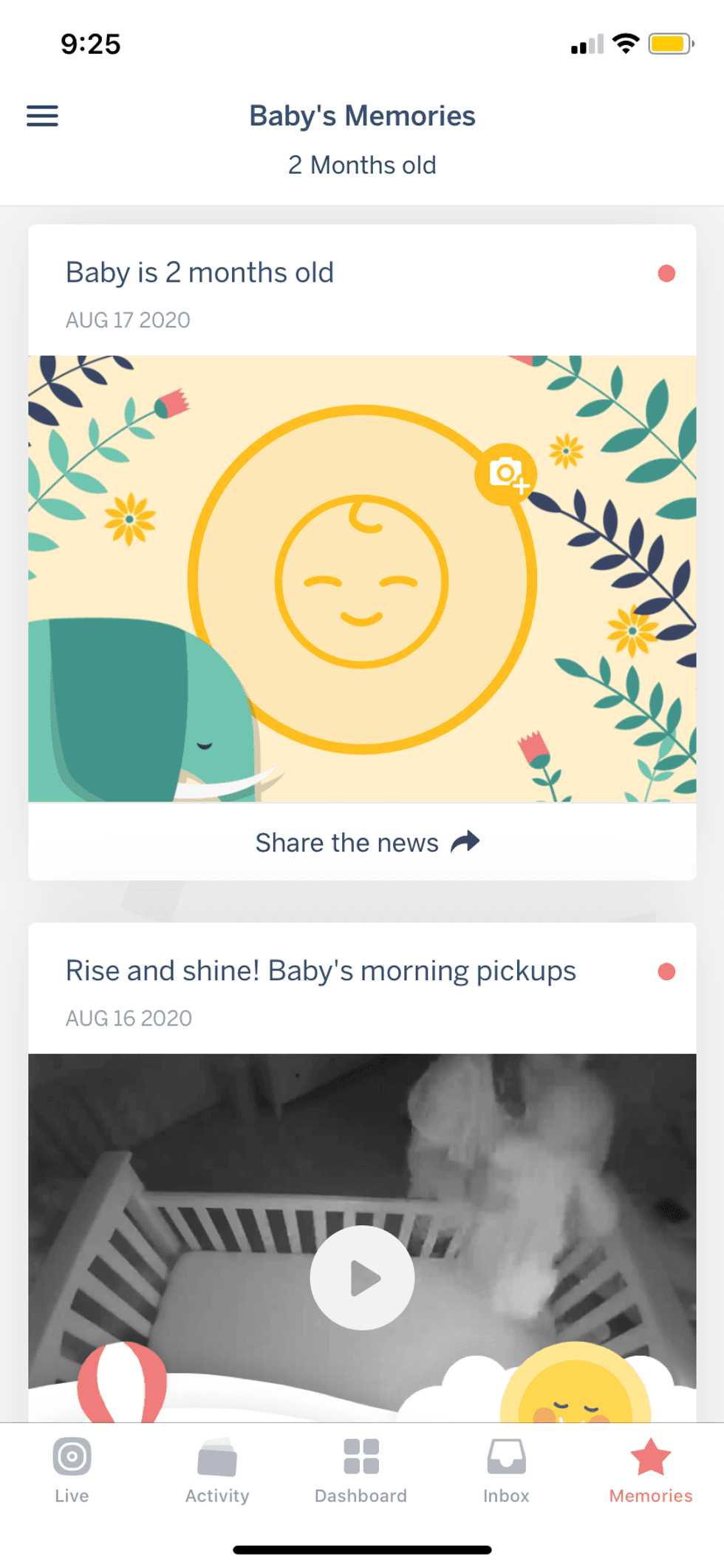 nanit app showing baby's memories