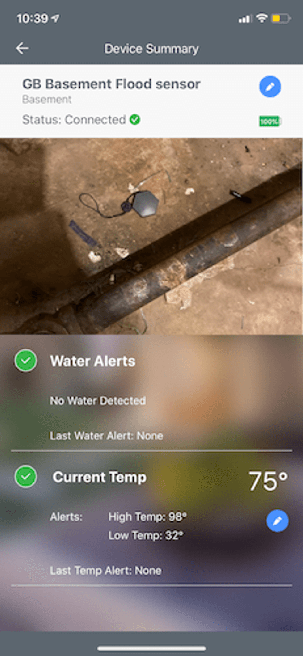 Orbit bhyve smart flood sensor in basement in app