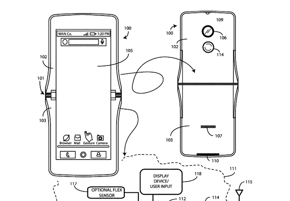 Patent sketches of folding Motorola smartphone.