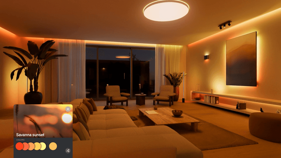 photo of a living room with Savanna Sunset color for Hue SpatialAware lighting