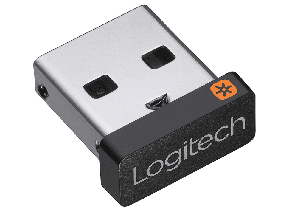 Photo of a Logitech wireless mouse and keyboard dongle