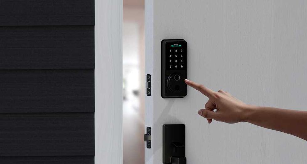 photo of a person using their fingeer to unlock Wyze Lock Bolt v2