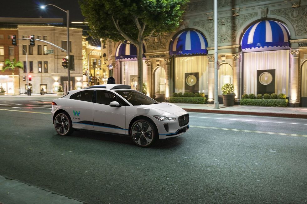 Photo of a Waymo Jaguar I-Pace driverless taxi