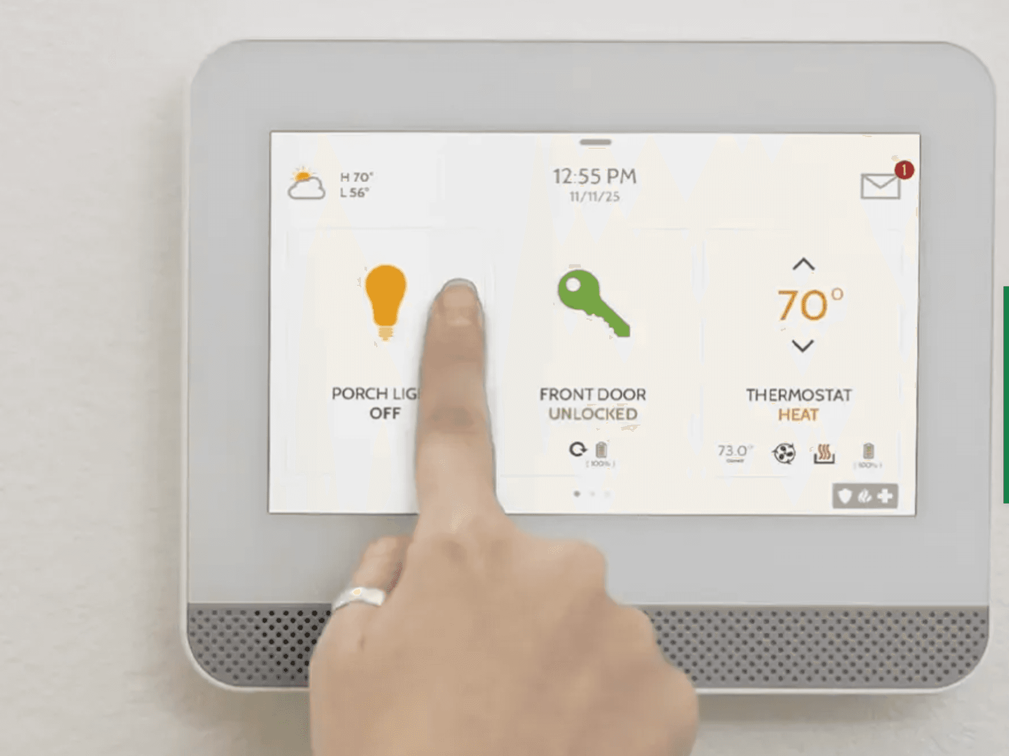 Photo of a woman's finger touching the panel for brinks home security system.