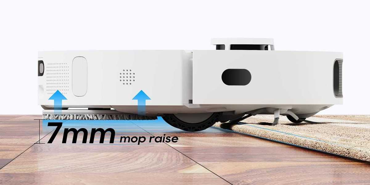 photo of Dreame L10s ultra cleaning a floor and moving onto a carpet