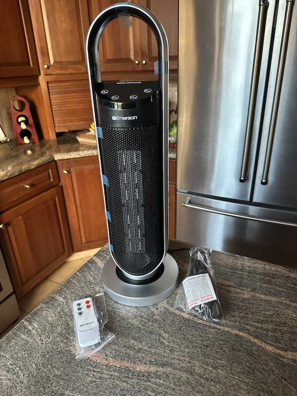 photo of Emerson SmartVoice Tower Heater unboxed