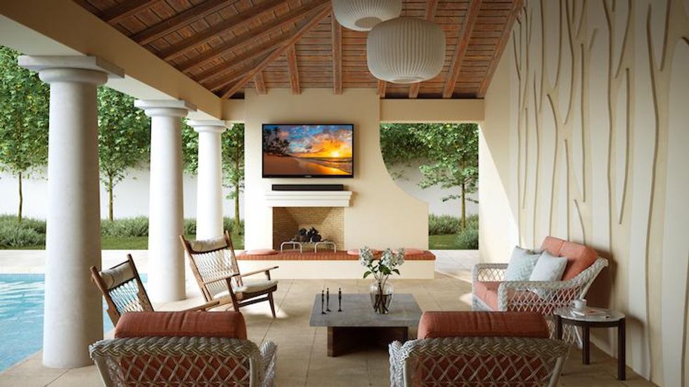 Photo of Furrion Partial Sun 4K Smart LED Outdoor TV underneath a porch