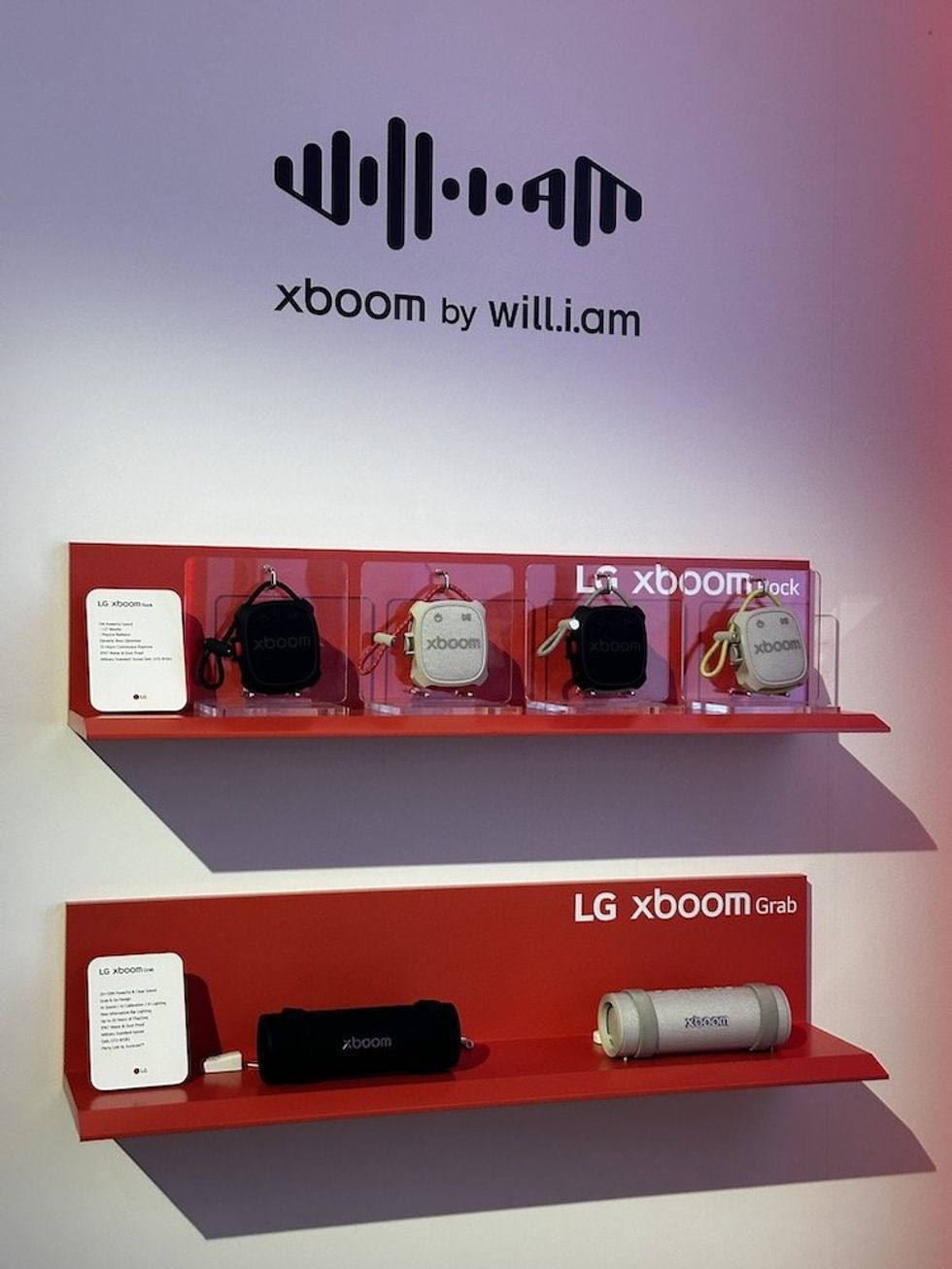 photo of LG xBoom by Will.i.am Lineup of Speakers on a shelf at LG booth at CES Show 2025