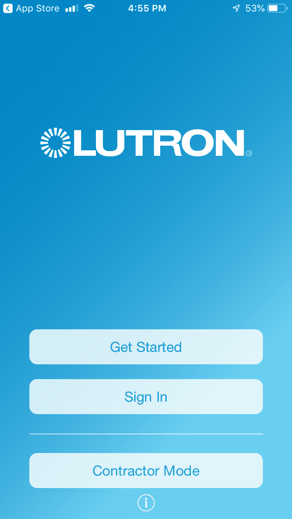 Photo of Lutron mobile app welcome screen