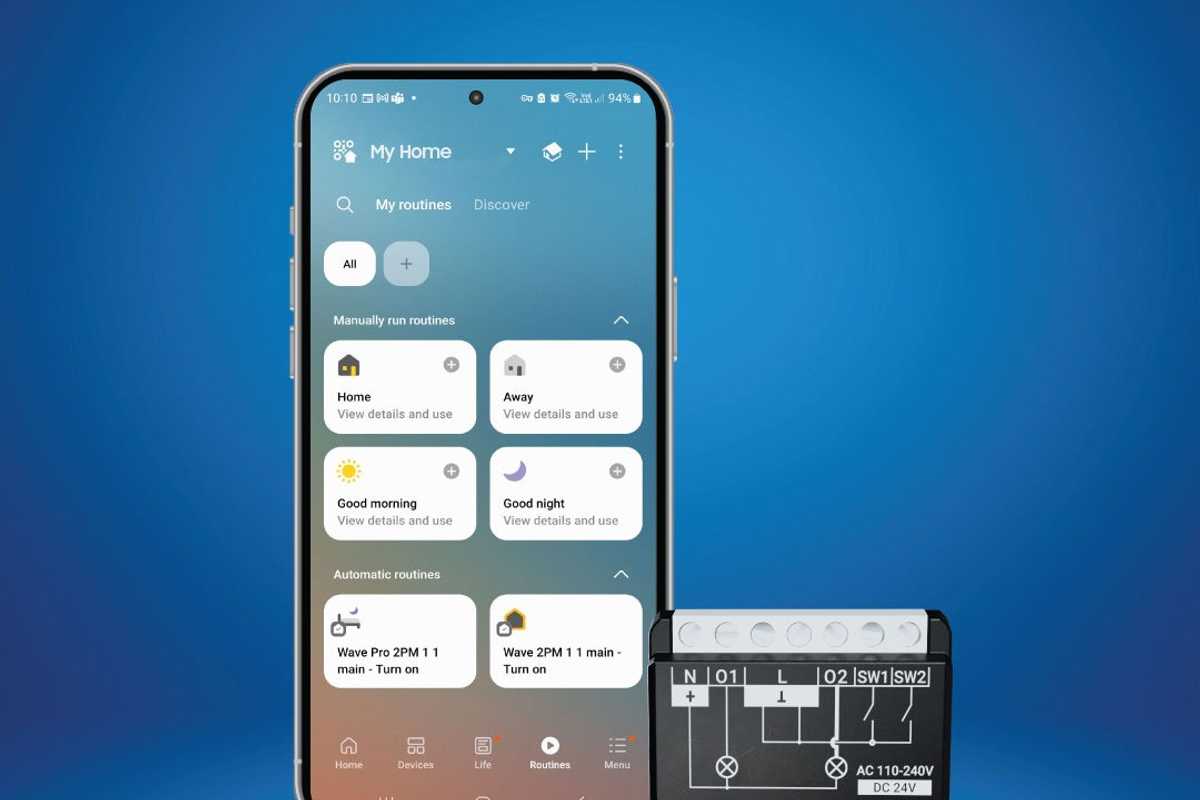 photo of Shelly device and a smartphone showing Shelly app