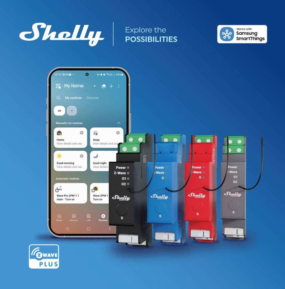 photo of Shelly power switches and smartphone with Shelly app