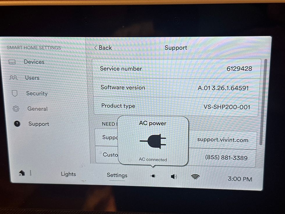 Photo of Vivint Smart Hub Pro 2 showing support screen