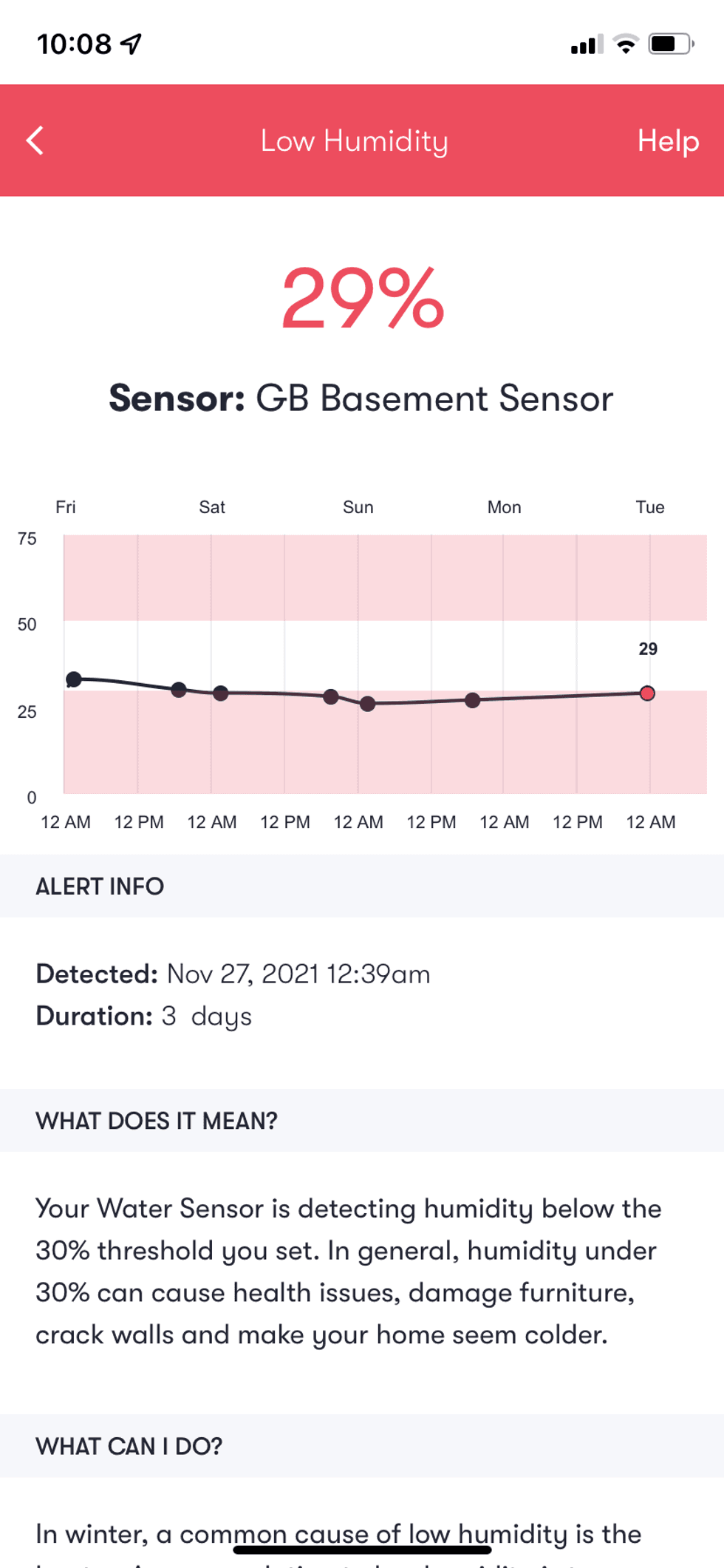 Phyn app showing humidity readings from phyn smart water sensor