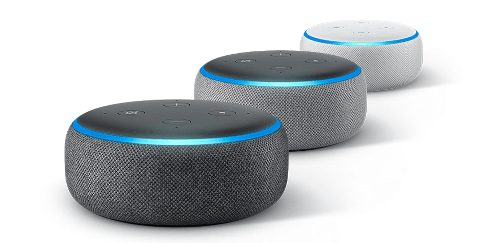 Picture of three Echo Dot (3rd gen) in a row.