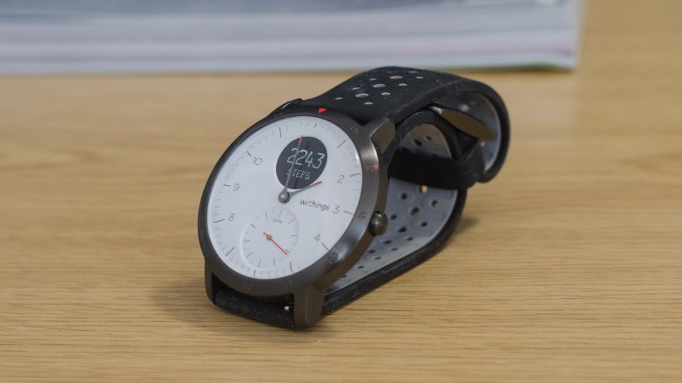 Picture of Withings Steel HR Sport smartwatch n a tabletop.