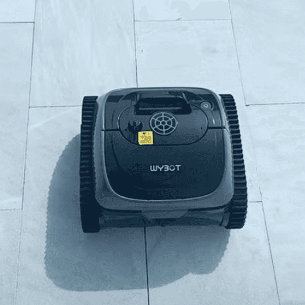 product shot of WYBOT S2 Pro with Charging Dock High-end Cordless Robotic Pool Cleaner on a pool deck