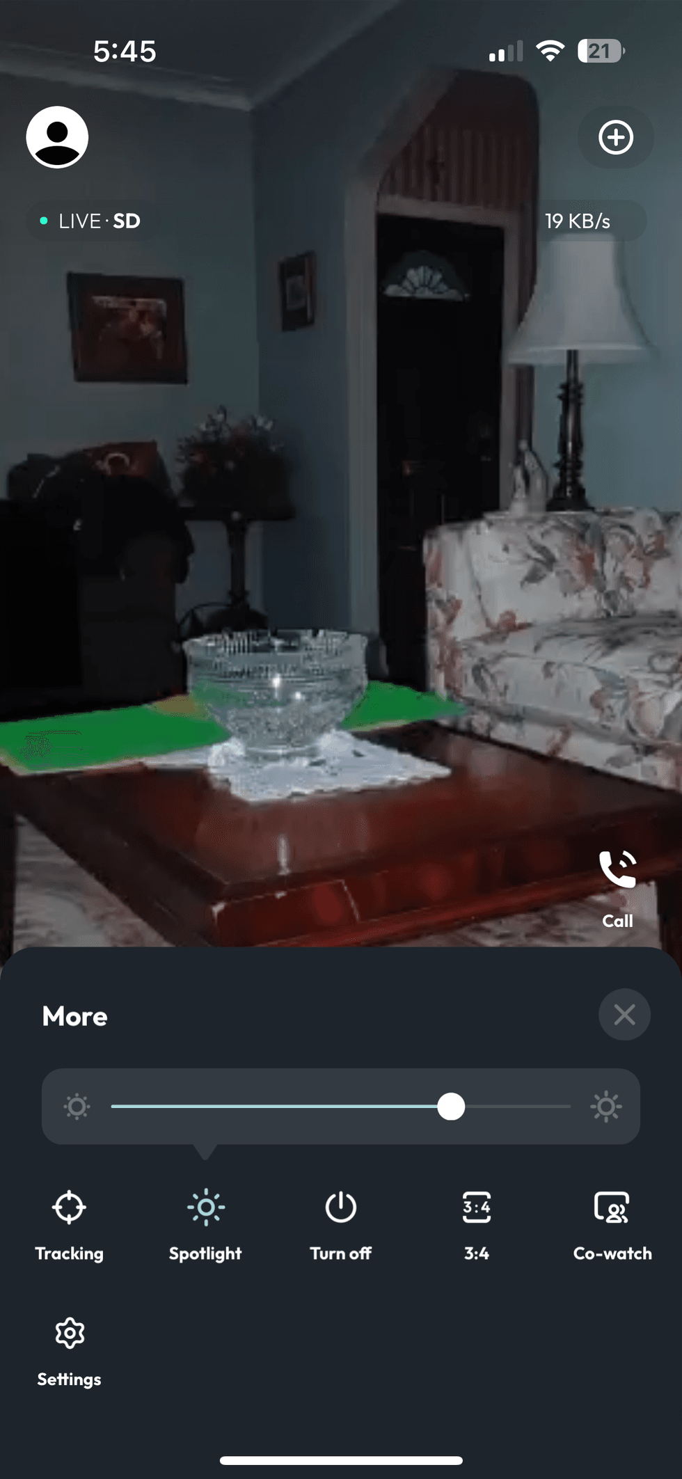 Psync app showiing live feed at night