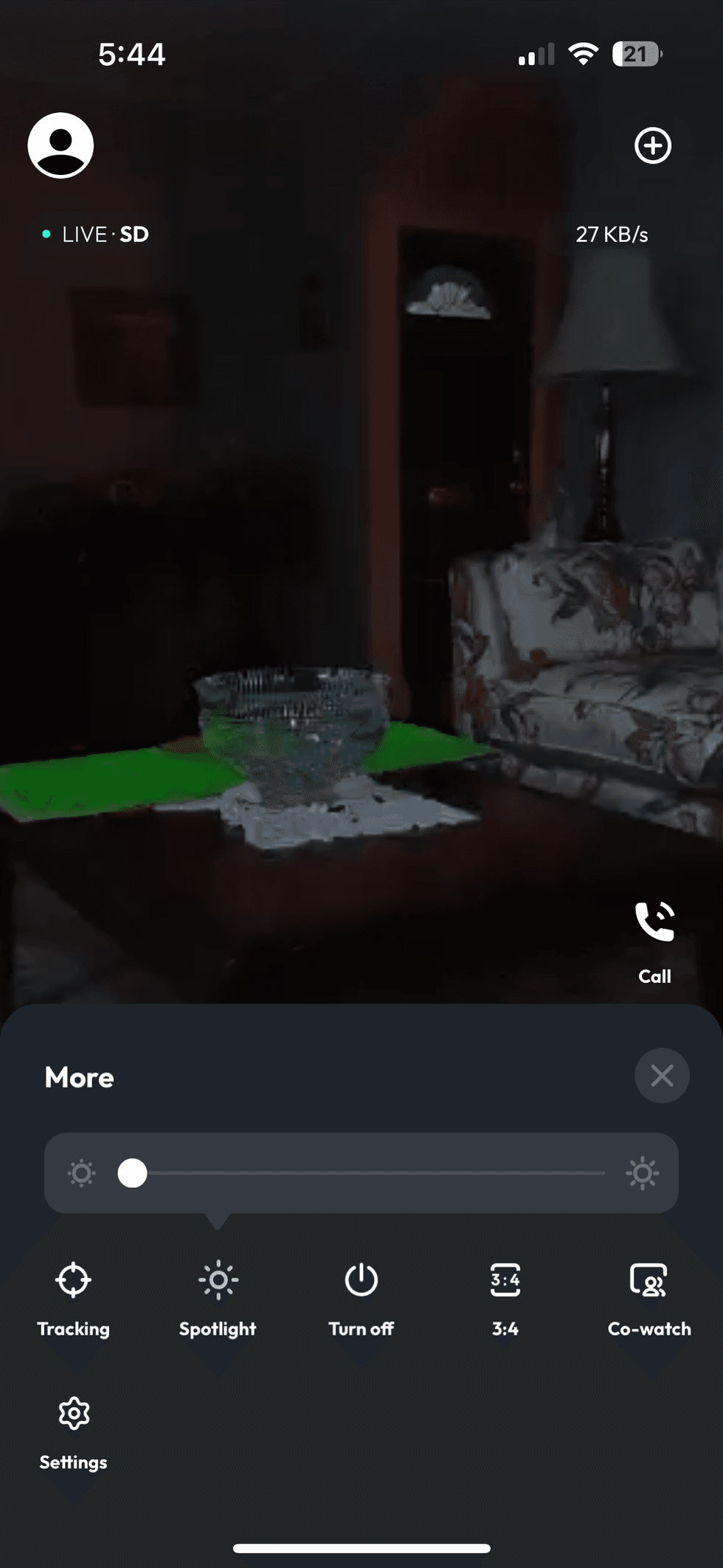 psync app showing live feed at night
