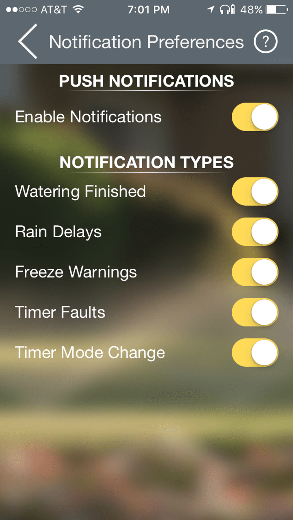 Push notifications screen in bhyve app