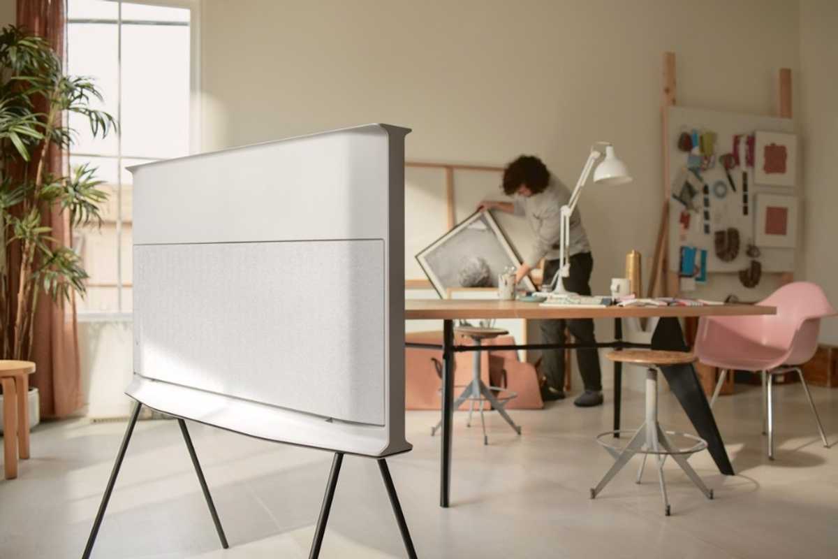 Samsung The Serif screen in a modern workspace
