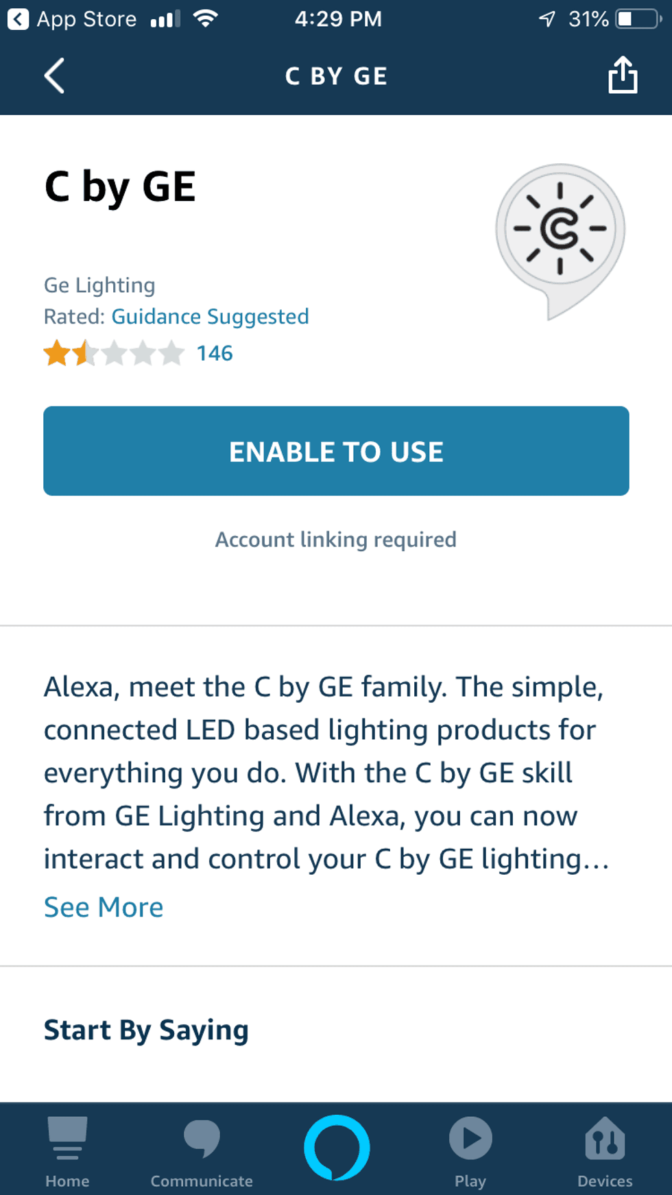 Screen shot of Alexa app enabling C by GE skills