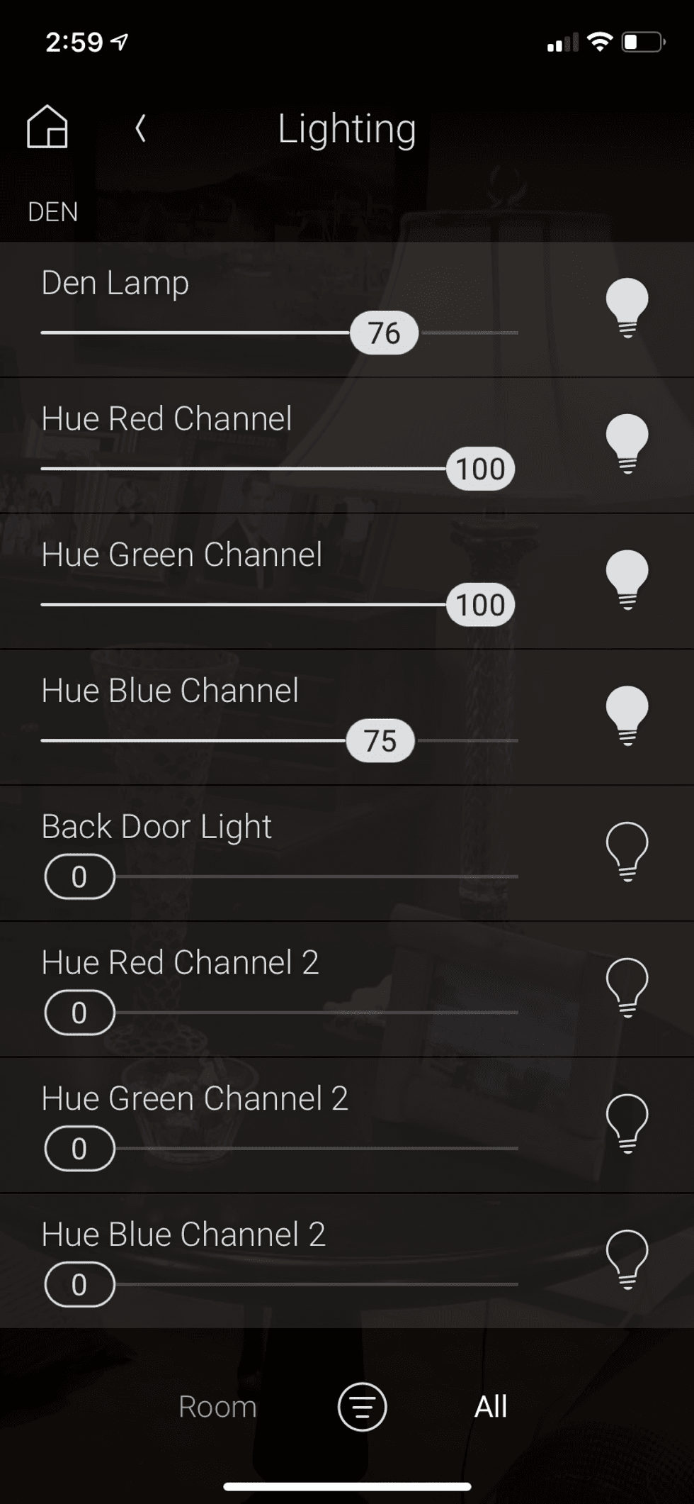 Screen shot of Control4 app controlling smart lights