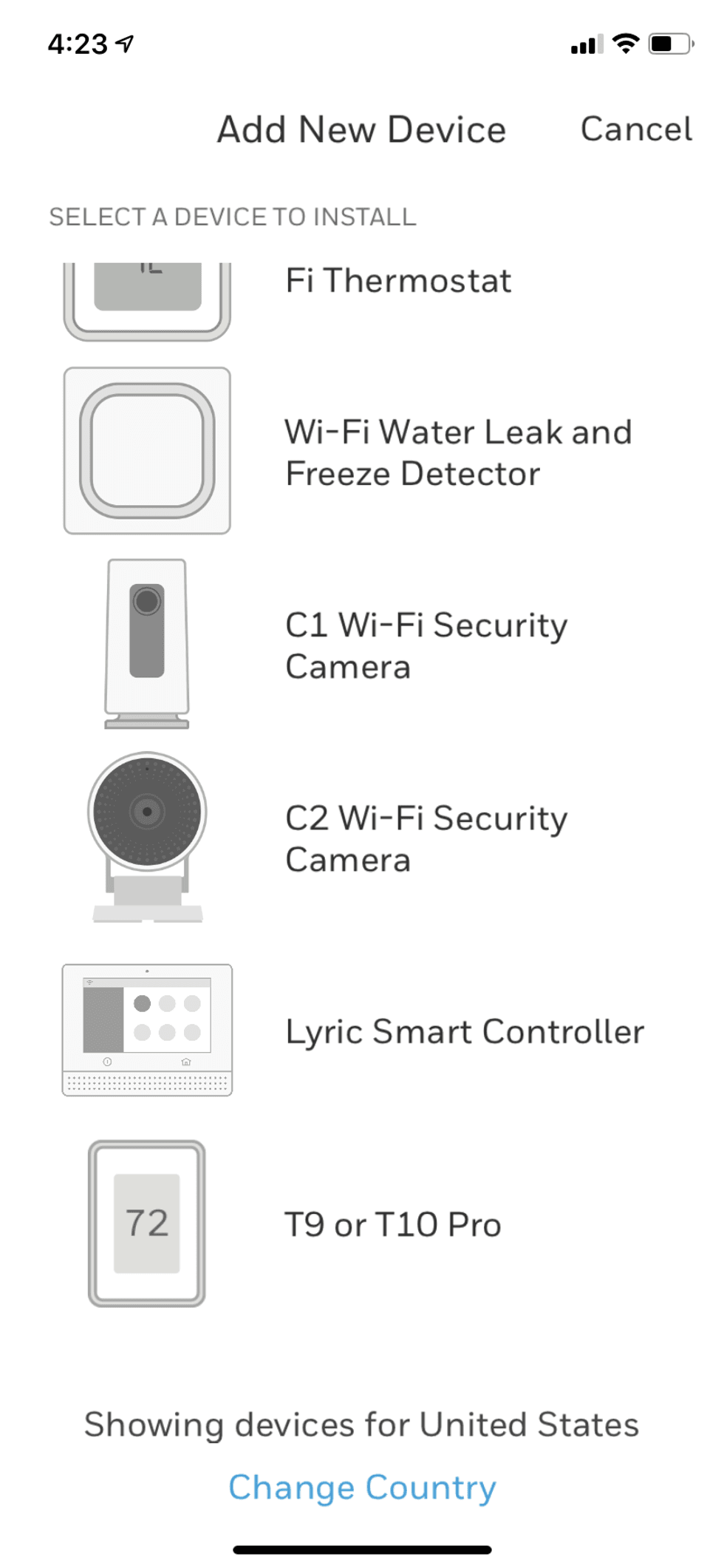 Screen shot of Honeywell Home Add a device screen for only Honeywell Home device.