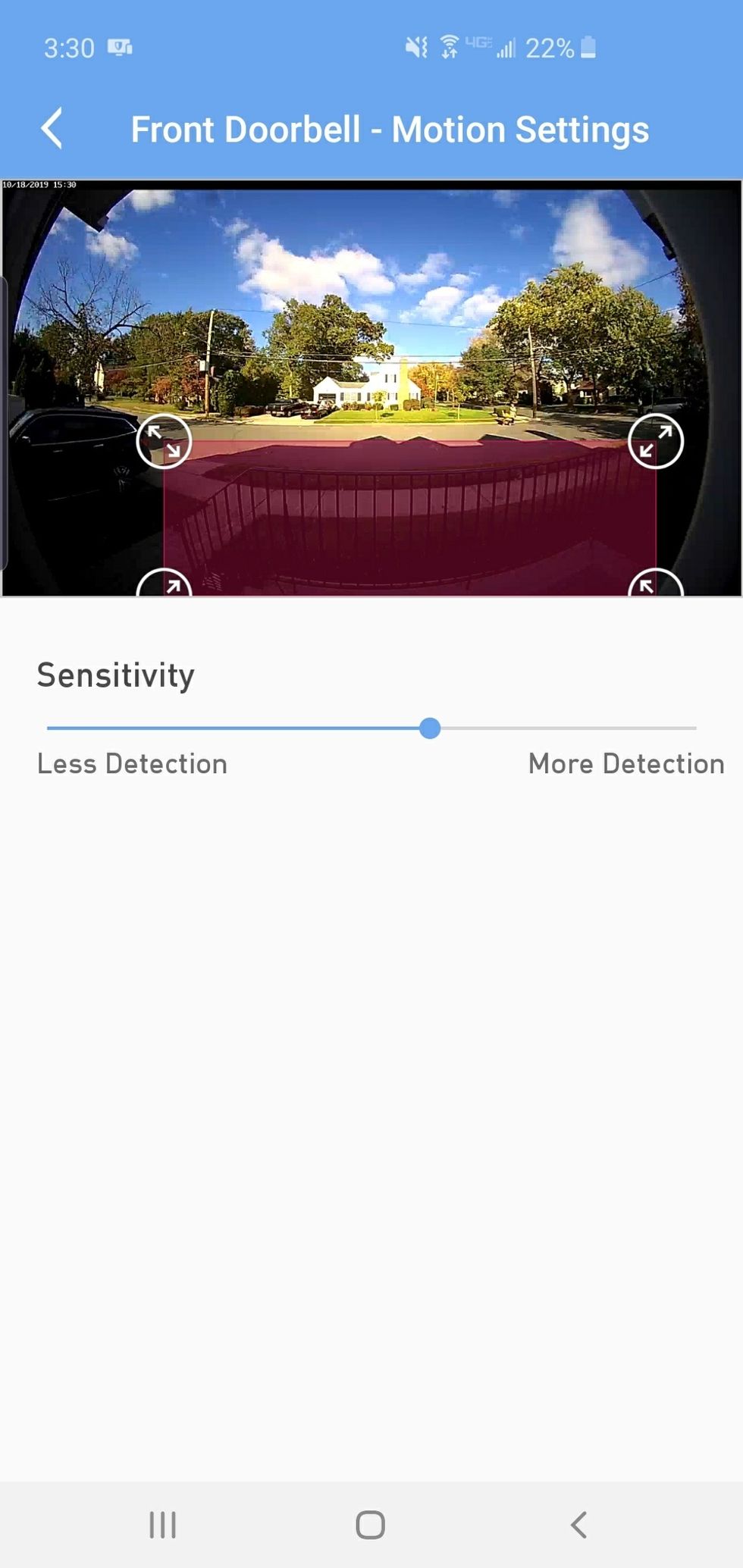 screen shot of lifeshield app on controlling motion sensitivity for doorbell