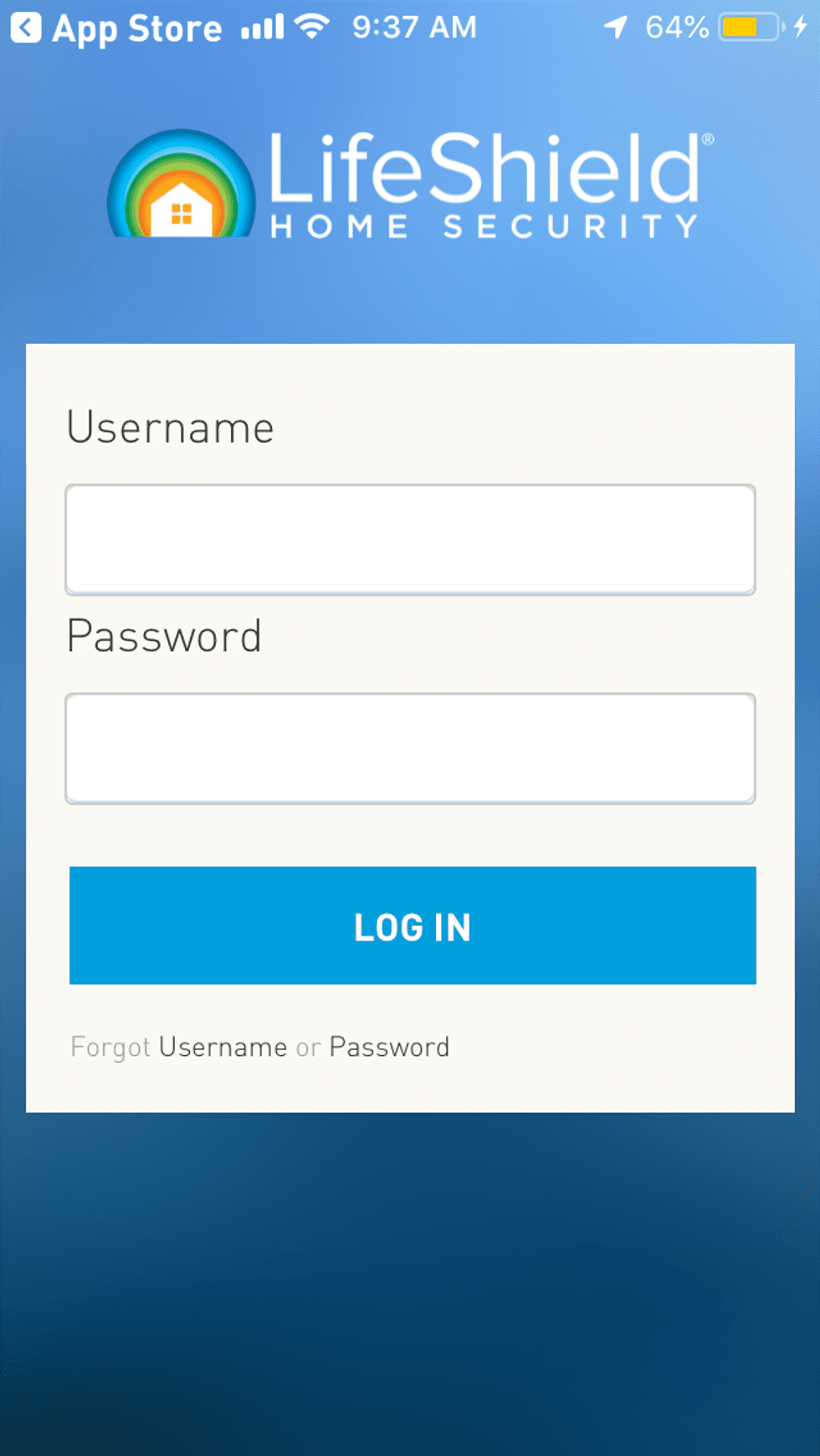 Screen shot of Lifeshield mobile app's log in screen.