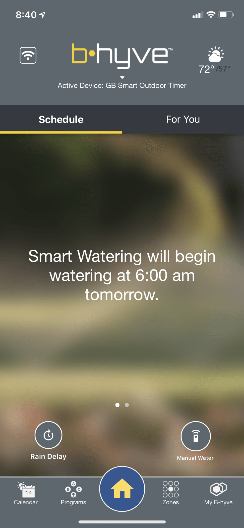 screen shot of Orbit B-hyve app home screen