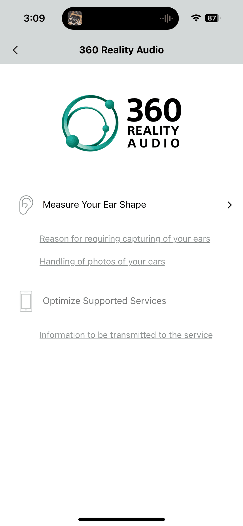 screen shot of Sony 360 Reality Audio feature in the A-T app for Audio-Technica ATH-CKS50TW Wireless Earbuds