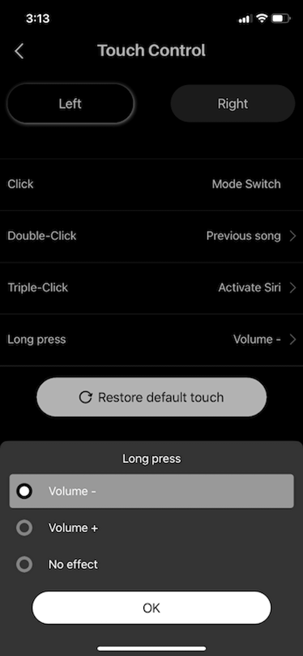screen shot of the controls in the TOZO app