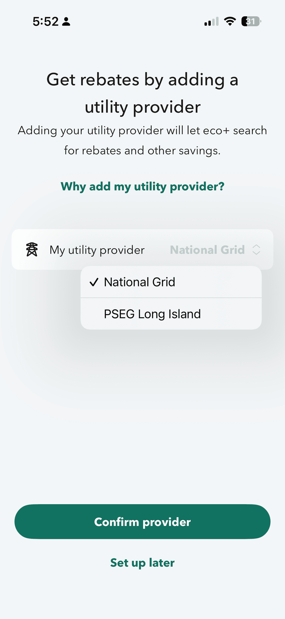 Screenshot from ecvobee app on Sustainability example - saving from local energy provider