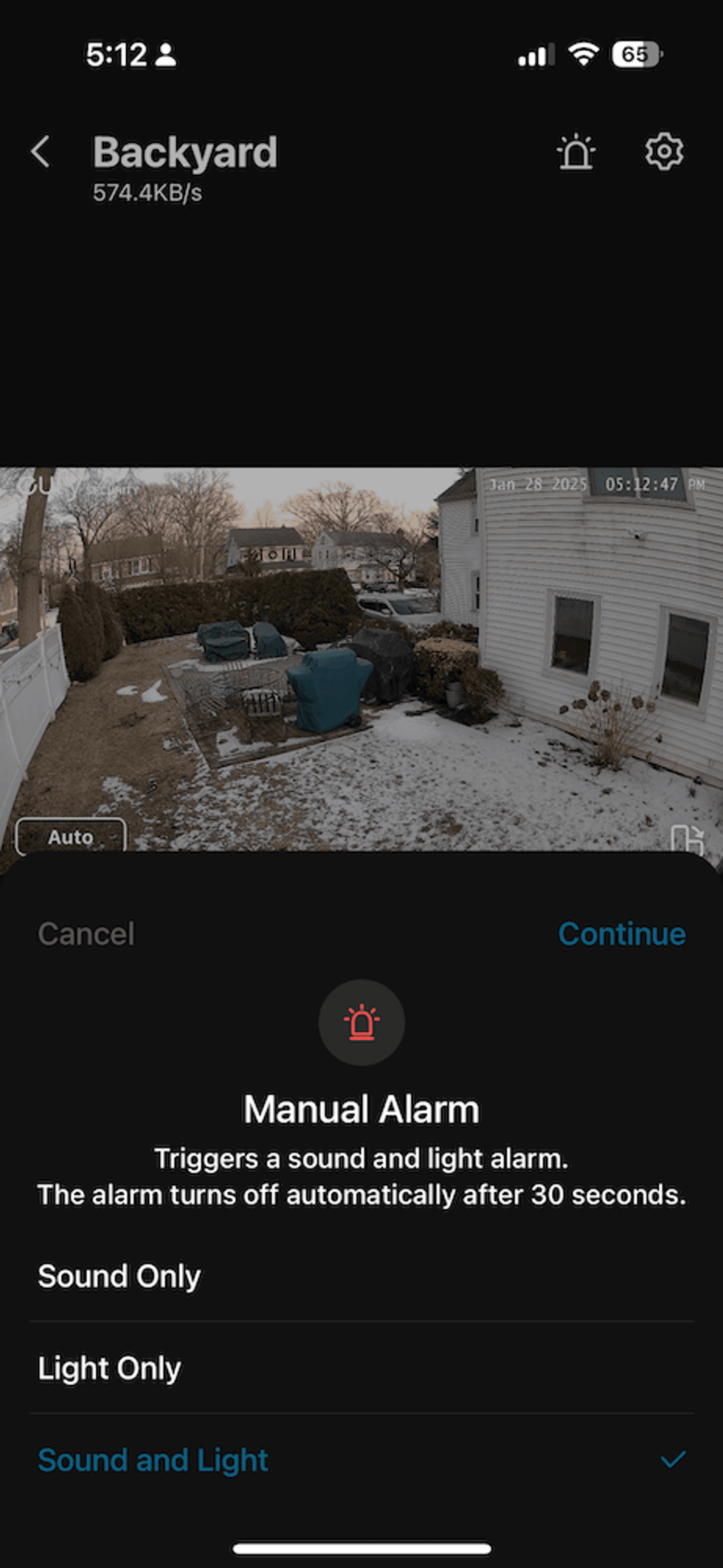 screenshot from eufy app on setting camera alarm
