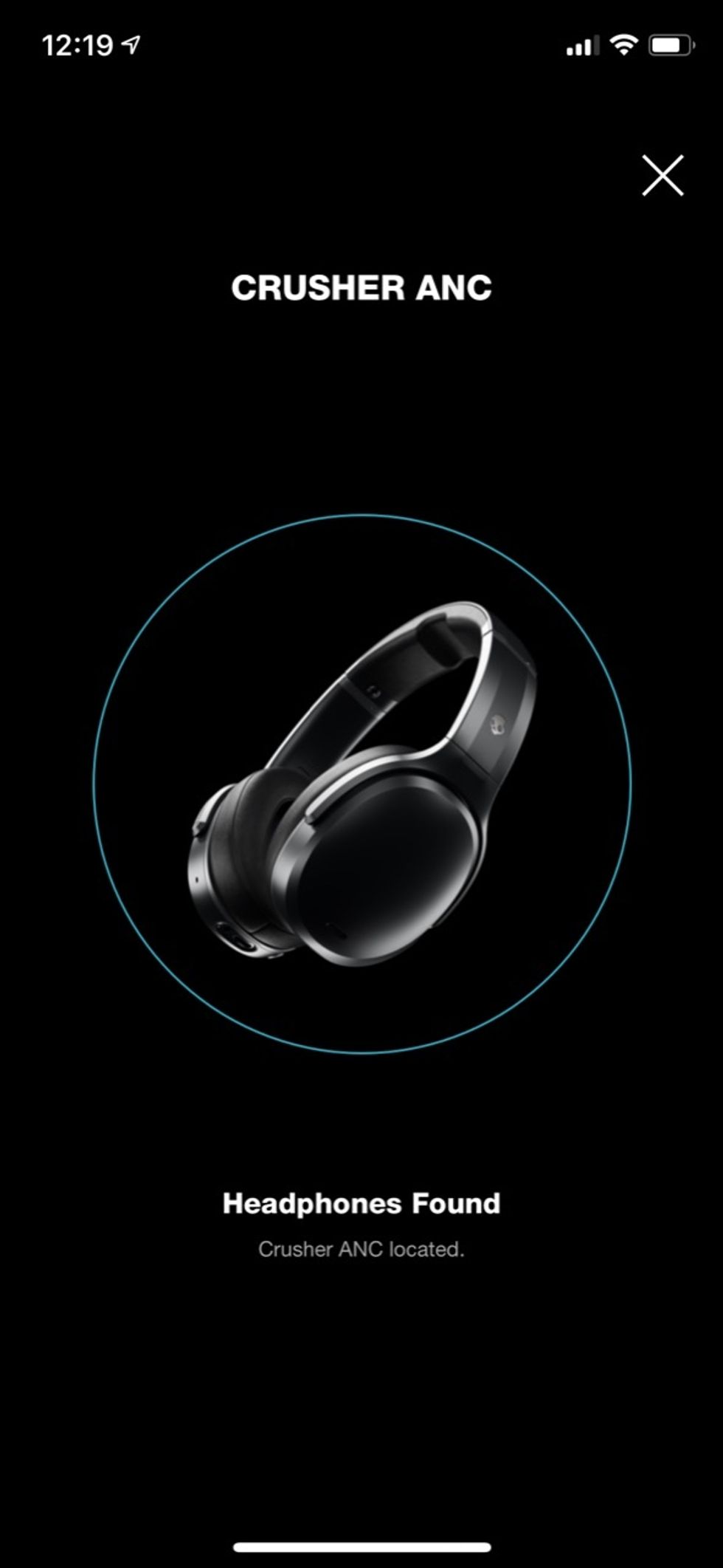 Screenshot from the Skullcandy app, with an image of the headphones