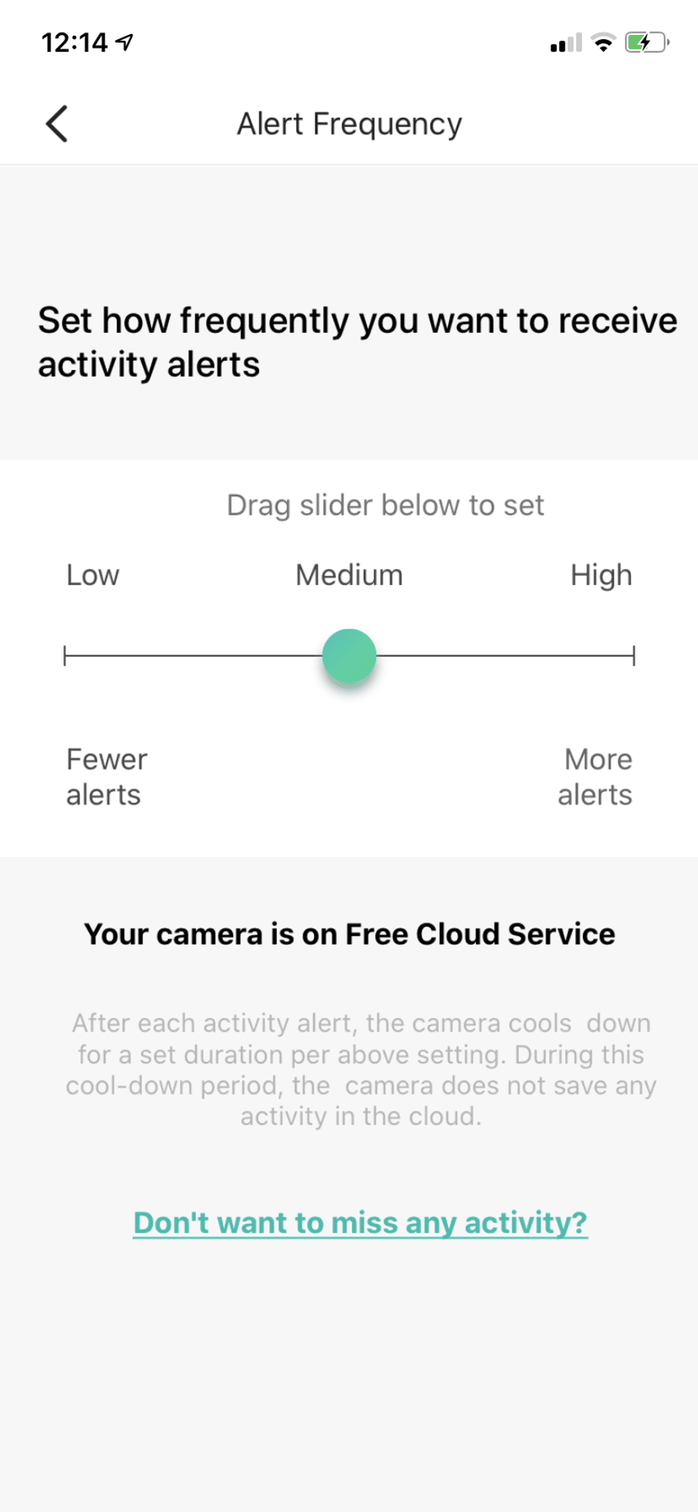 Screenshot of alert frequency settings in Kami app