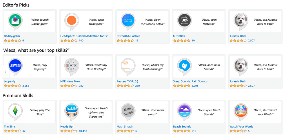Screenshot of Alexa skills store