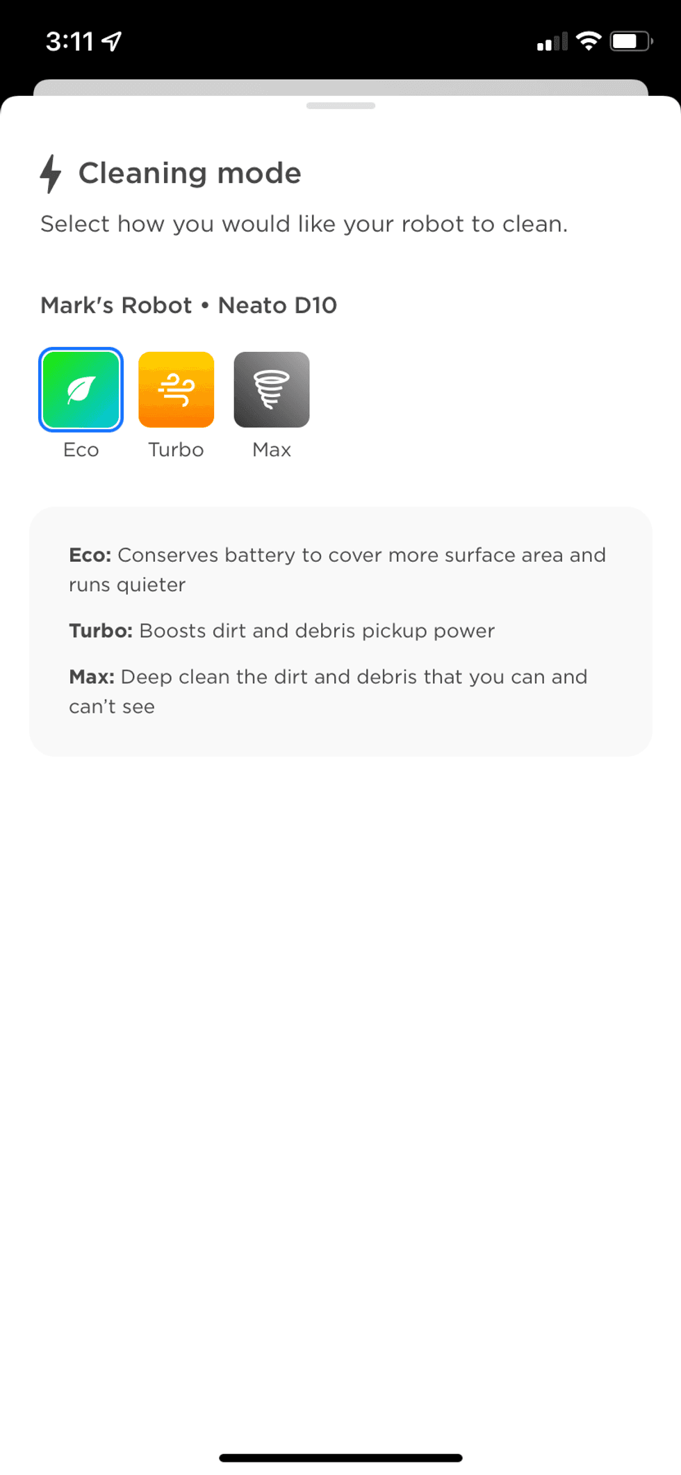Screenshot of cleaning modes in Neato app