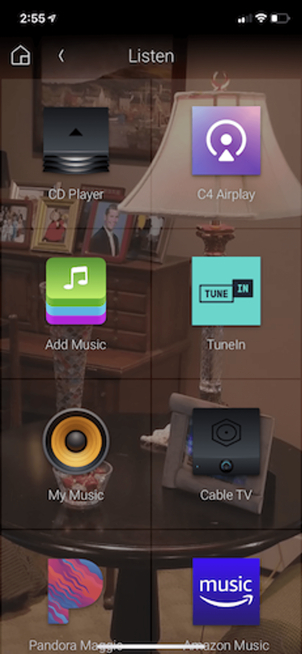 Screenshot of Control4 app for listening to music
