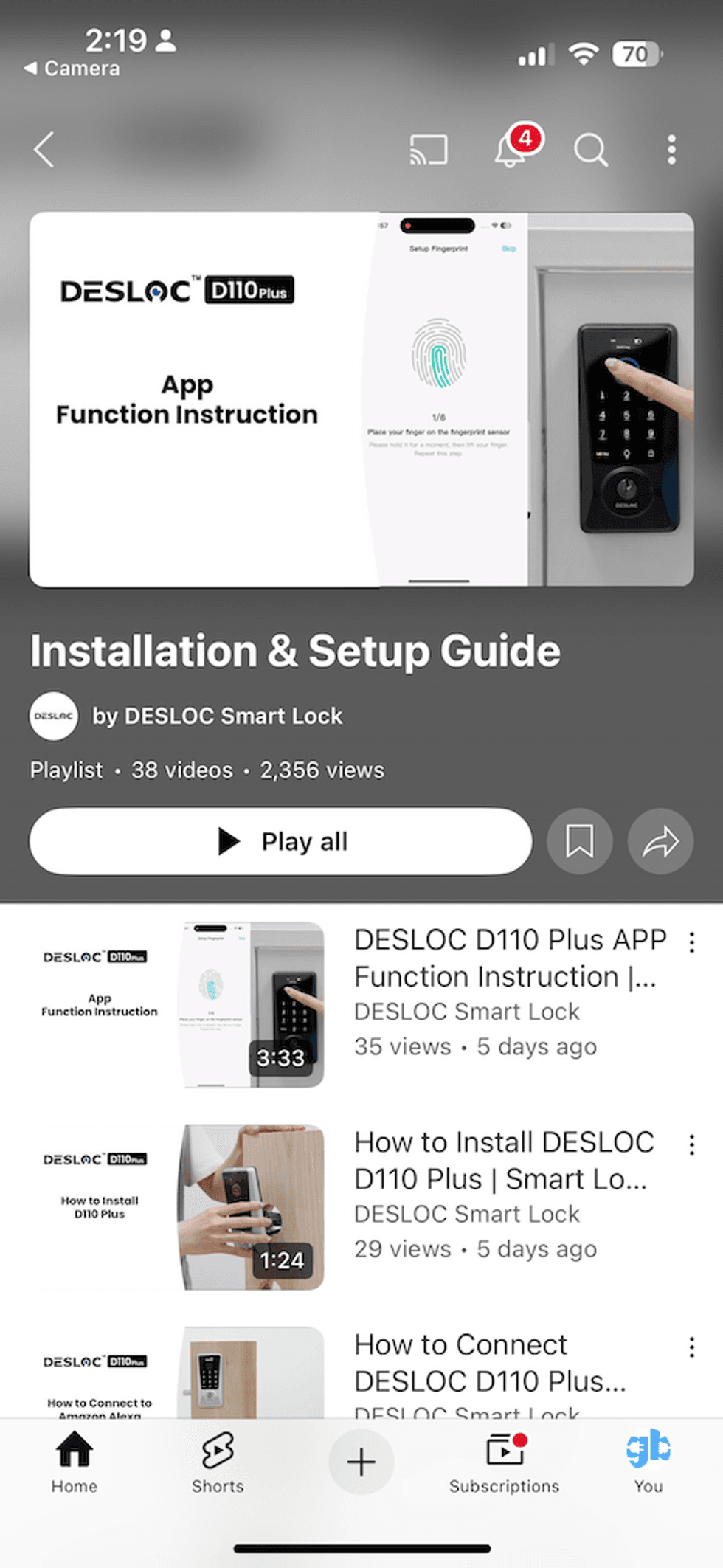 Screenshot of Desloc app showing installation guide video for DESLOC D110 Plus Smart Lock