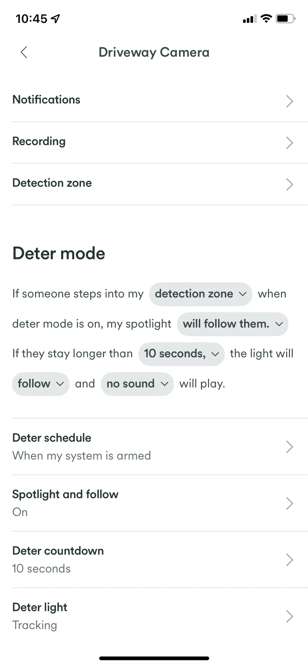Screenshot of Deter settings in Vivint app