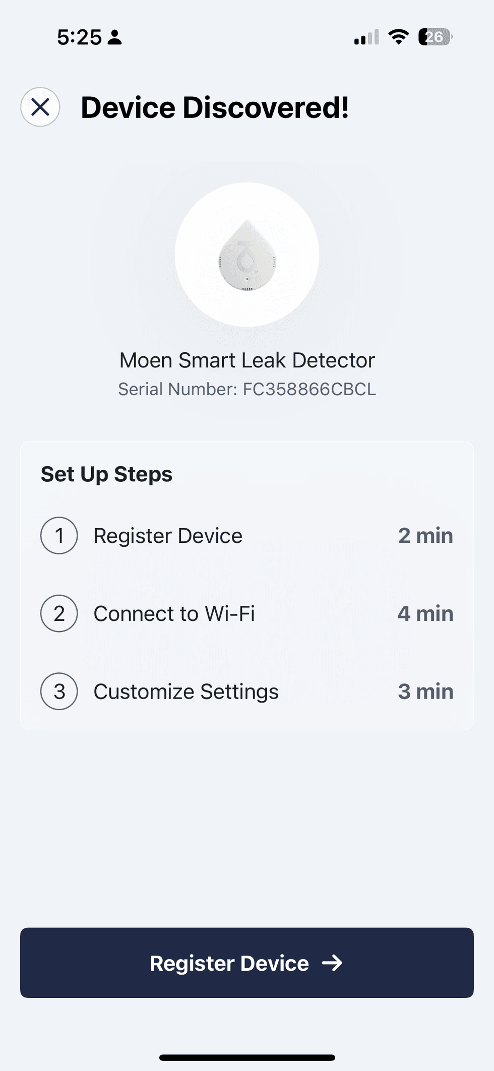 Screenshot of device discovery process in Moen app