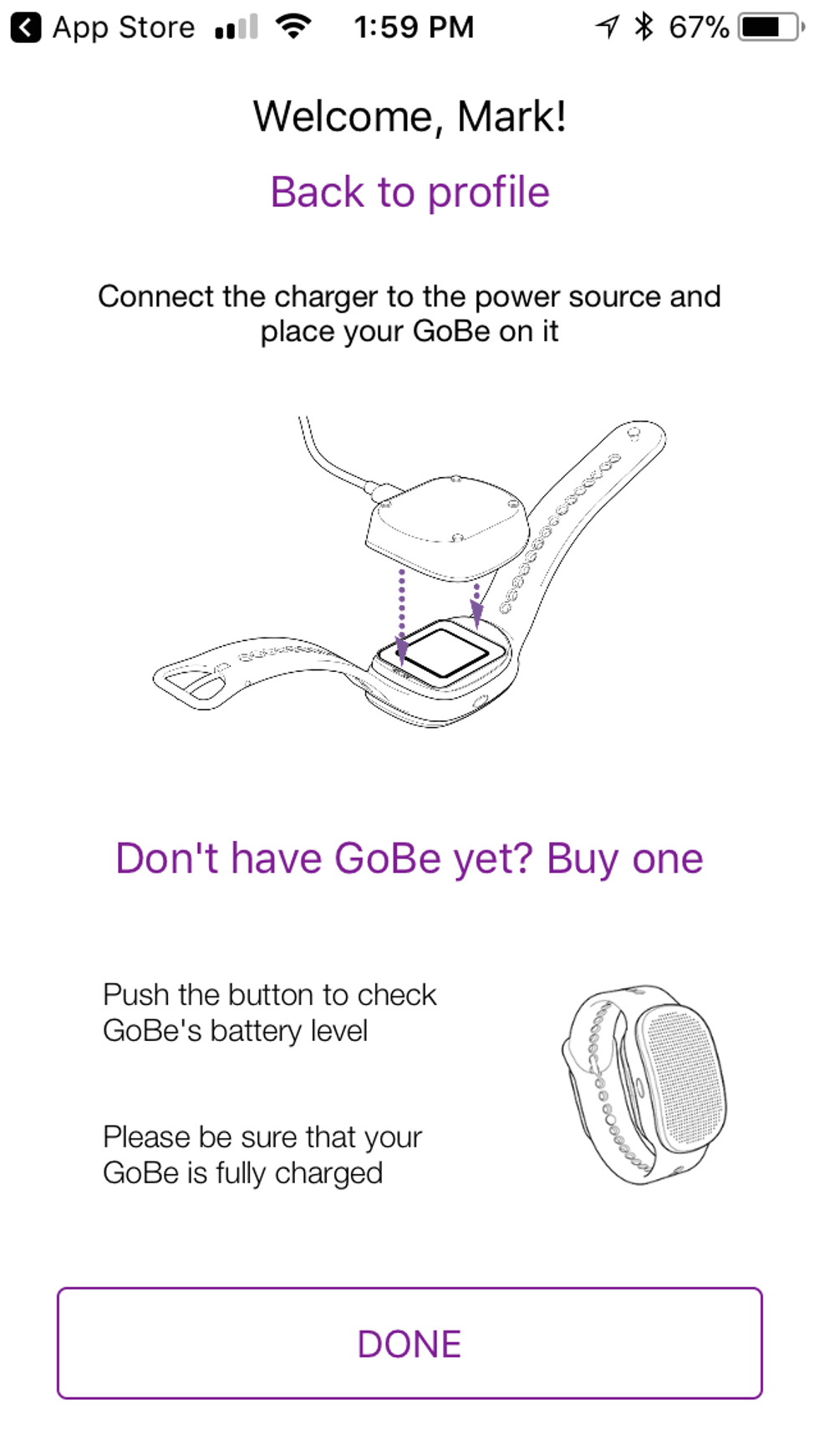 screenshot of GoBe app